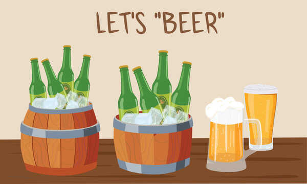 Beer vector set. Chilled green beer bottles in an ice bucket alongside with beer mugs. Flat vector in cartoon style isolated on table background. Summer element.