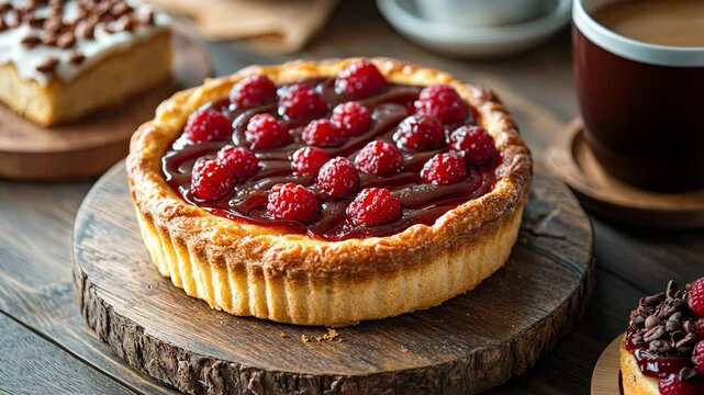 Delicious Raspberry and Chocolate Dessert on Wooden Board