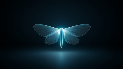 A high-resolution image of a firefly glowing faintly, bioluminescent light casting soft gradients on its wings. The black background mimics nighttime, with minimalistic composition emphasizing the si