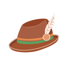 Bavarian hat vector.  Clipart of German hunting or traditional alpine hat with feather. Oktoberfest element. Flat vector in cartoon style isolated on white background.