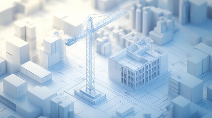 Naklejka premium White Geometric Cityscape with Construction Crane