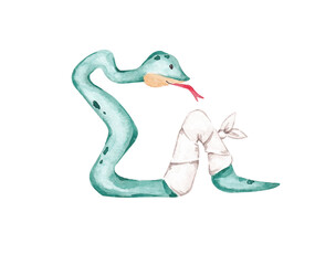 Watercolor illustration of sick snake. Hand drawn design element for card, banner. Get well card design. Isolated on white