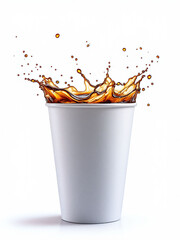 Soda splash captured mid-air above white cup, dynamic motion effect.