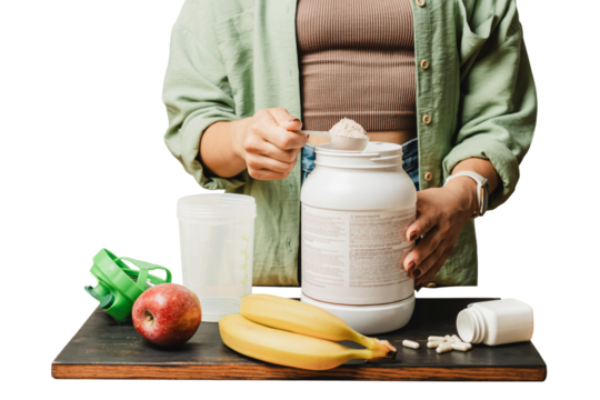 Woman preparing protein drink, holding measuring spoon with whey protein powder above plastic jar on wooden board with white capsules, shaker, bananas and apple. Isolated on a transparent background