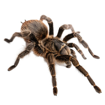 Hairy brown tarantula spider crawling slowly now isolated on a transparent background