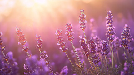 A stunning view of a lavender field under the golden light of the setting sun.