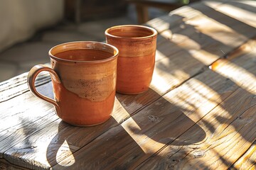 Earthenware coffee mugs in natural light high resolution picture
