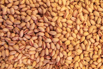 Close-up of Turkish pistachios in shell at Istanbul market. Natural background for advertising and design.