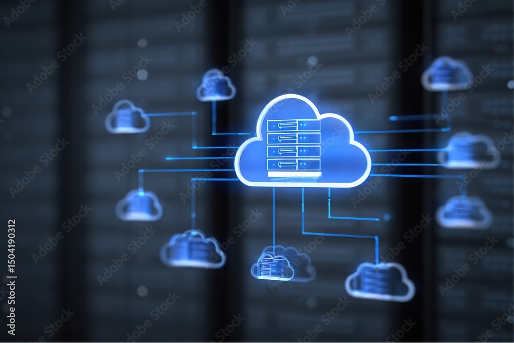 Poster conceptual cloud computing network connecting servers and data storage in a digital infrastructure