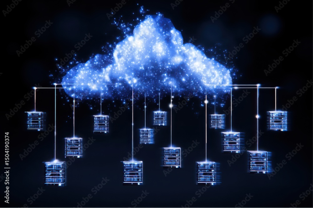 Poster blue cloud computing network connecting servers for data storage and processing