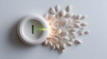 design featuring a glowing green power button encircled by leaf outlines, representing digital sustainability in a white void