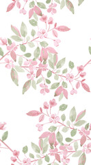 watercolor seamless texture with branches of blooming crabapple. vertical background with floral pattern of crab apple blooms
