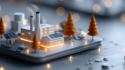 A, conceptual illustration of a glowing factory with digital trees and solar panels in a white void, showcasing ecoindustrial innovation