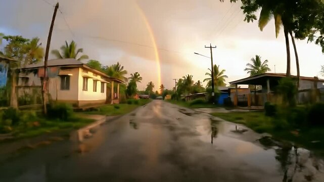 Rainbow arching over village at sunset