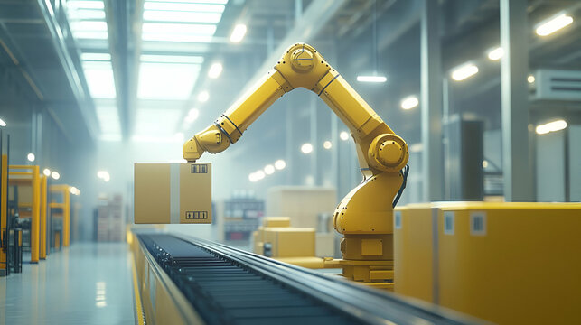 Yellow Robotic Arm Moving Cardboard Box on Conveyor Belt in Modern Factory