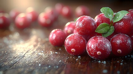 Hyper-detailed digital painting of sugar coated cranberries with rustic wooden backdrop, shallow depth-of-field, and soft lighting for an artisanal dessert aesthetic