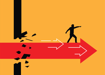 Business Man on Flying Arrow Breaking through a Wall. Moving forward overcoming obstacles and work related issues vector art