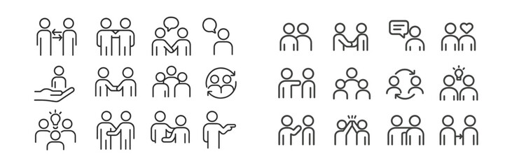 Various simple line icons depicting human interactions and social activities in a neutral style