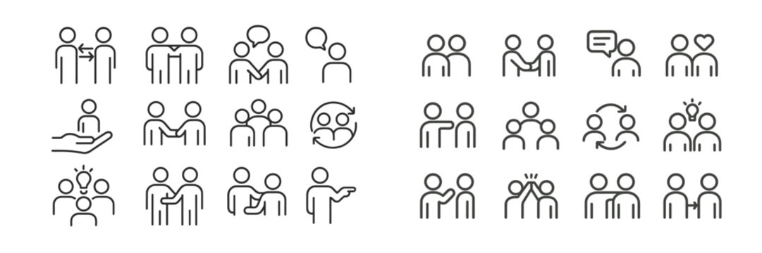 Various simple line icons depicting human interactions and social activities in a neutral style