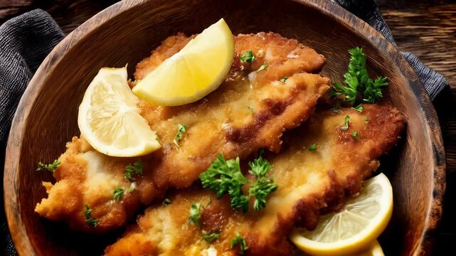 Golden breaded cutlets with fresh parsley and lemon slices served on a wooden plate for a hearty gourmet lunch.