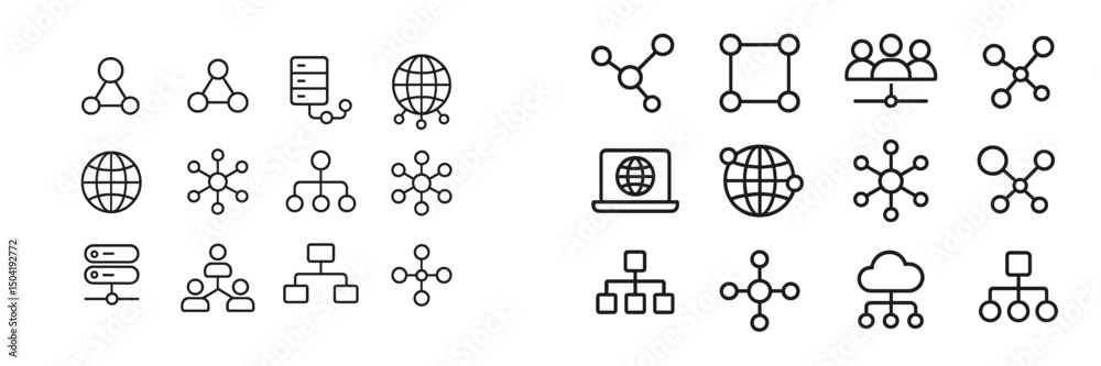 Poster collection of line art icons representing networking concepts, data structure, and global connectivi