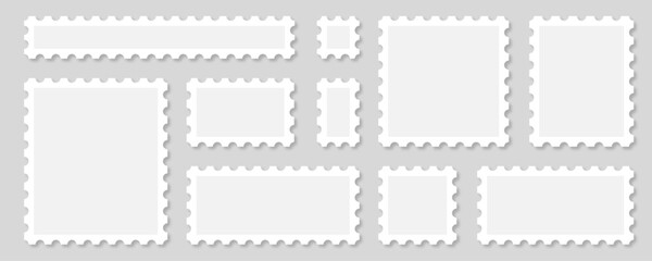 Postage white and gray stamp big collection. Vector design template illustration. Different shapes. Post office, postal blank, sticker, frame set. Empty space.