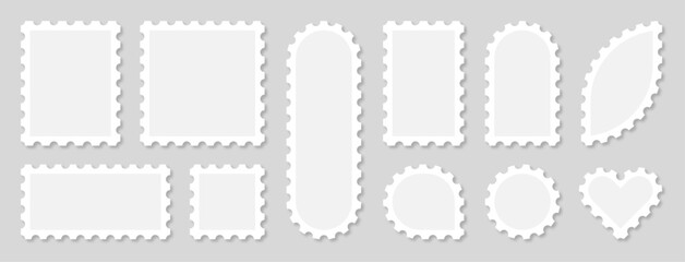 Postage white and gray stamp big collection. Vector design template illustration. Different shapes. Post office, postal blank, sticker, frame set. Empty space.