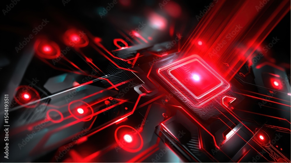 Poster glowing red computer chip with complex circuitry pattern on a dark background