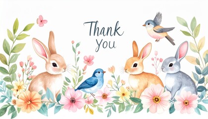 可愛い小動物と小鳥のありがとうメッセージカードThank you message card with cute small animals and birds