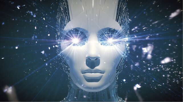Humanoid artificial intelligence facing forward with glowing eyes and crystalline structure