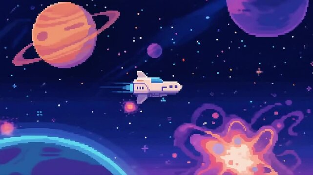 Retro pixel art rocket flying through space with colorful planets
