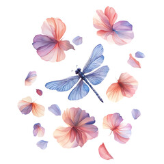 Whimsical watercolor isolated on white, floating flower petals with a dragonfly mid-hover in soft botanical air Ethereal Garden Flight Botanical Air Dance