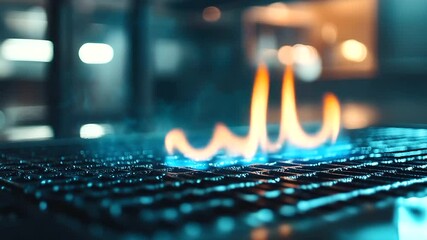 Focused image of a gas burner emitting crisp blue and soft orange flames, textured metal grate in the foreground, cozy, welcoming kitchen environment blurred behind