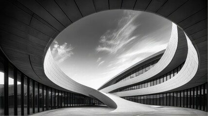 Striking architectural composition in black and white with a clear sky and sweeping curves