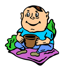 Vector color illustration of a toddler in a t-shirt with a cup and a mat on a white isolated background