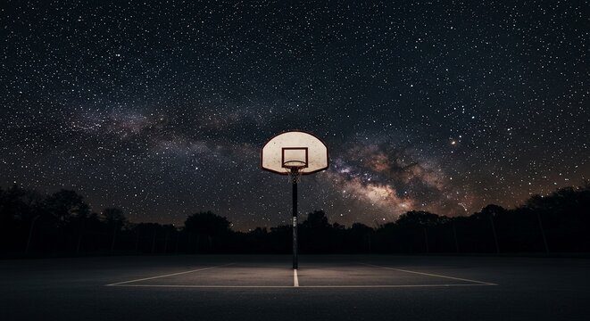 Basketball hoop on court, night with Milky Way behind trees, for inspirational use