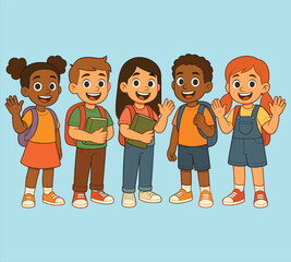 Happy diverse school children waving with backpacks and books, cheerful cartoon kids group, education and friendship concept, colorful vector illustration