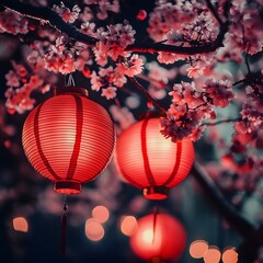 Fototapeta premium red chinese lanterns hanging at night