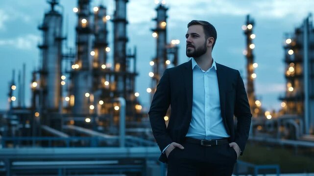 Smartly dressed manager standing with hands in pockets on a refinery platform, rows of oil tanks and steel frameworks providing a dramatic industrial backdrop