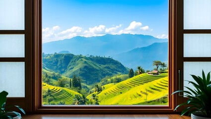 Rice Terraces View Through Window with Distant Mountains and Blue Sky