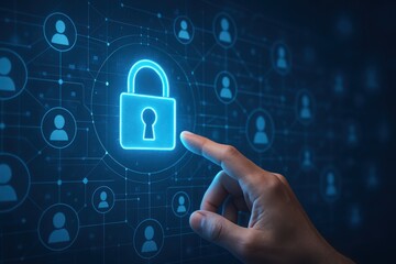 A human hand points toward a glowing digital padlock icon, symbolizing cybersecurity and data protection.