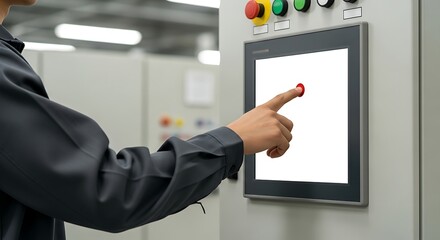 Industrial touch screen operation: worker pressing modern touchscreen interface control panel