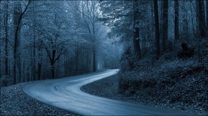 Obraz premium The winding road through the forest, with trees and scattered leaves on both sides, a mysterious and tranquil atmosphere, symmetrical composition, low-angle shots, and ultra-wide-angle shots.