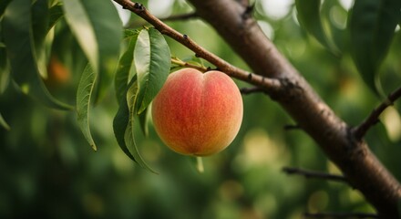 Ripe peach on a tree branch, ready to eat, in a sunny orchard. Possible use Food