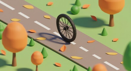 Bike Wheel Rolling on Road with Autumn Leaves and Trees