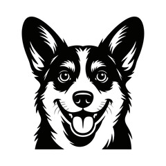 Fototapeta premium Corgi dog face silhouette vector with smiling expression, joyful pet illustration, friendly canine portrait, black and white line art, cute dog character, animal mascot design, pet graphic