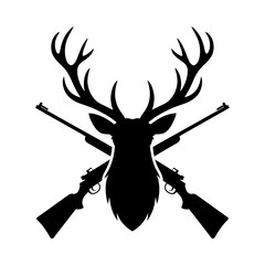 Deer head silhouette vector with large antlers and crossed rifles behind, hunting emblem, outdoor sport hunting design, rustic wildlife illustration, game hunting badge, hunting logo graphic