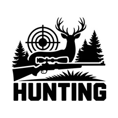 Hunting silhouette vector with deer standing near rifle, target sight, pine trees, outdoor hunting design, wildlife emblem, game hunting illustration, hunting logo, nature and sport hunting badge