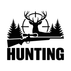 Hunting silhouette vector with deer in front of rifle, target sight, pine trees, and grass, outdoor hunting design, wildlife emblem, hunting logo, game hunting illustration, rustic nature badge