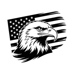 Naklejka premium Eagle head silhouette vector with American flag background, patriotic USA design, bald eagle emblem, national pride graphic, strong wildlife symbol, bold bird of prey illustration